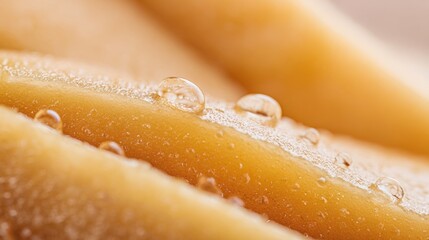 Macro view of fresh fruit surface with clear water droplets and soft natural texture in warm pastel tones for organic background