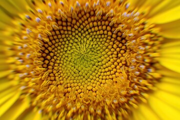 Close-up of a sunflower center with intricate yellow and green details, captured in natural light with high contrast, ideal for botanical art or nature-themed design projects.