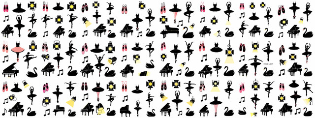 Ballet and Classical Performance Seamless Vector Pattern featuring Dancer Silhouettes, Pink Pointe Shoes, Grand Pianos, and Stage Lights.