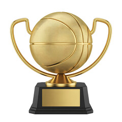 Golden basketball trophy with engravable plate on a black base isolated on transparent background
