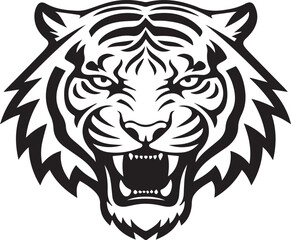 Tiger Head Vector Illustration - Aggressive Roaring Predator Black and White Graphic for Mascot Logo Designs and Sports Branding