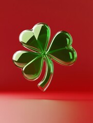Shiny glass four-leaf clover isolated on red surface