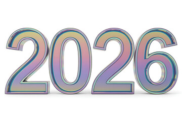 The year 2026 displayed in holographic, iridescent 3d numbers