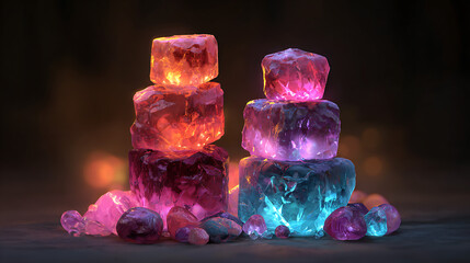 Clear, cold water and blue glass cubes with ice in a wet glass reflect light against a white background