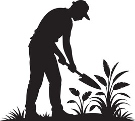 Silhouette of a gardener tending to plants in a garden