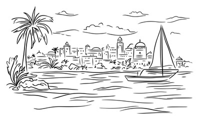 Oriental riverside city with domes and minarets – palm‑lined waterfront and fishing boat idyllic line drawing © Luka