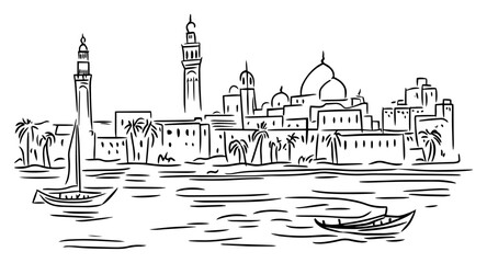 Riverside mosque city skyline – domes and minarets mirrored on tranquil water oriental illustration