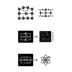 Decoding digital logic circuits and molecular atom structures, showing complex processing, algorithm design, and scientific exploration in monochrome