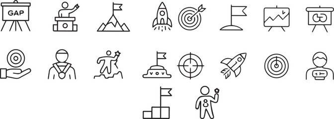 A collection of black and white line art icons representing business concepts