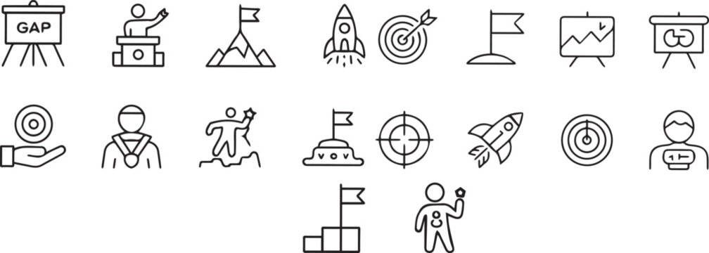 A collection of black and white line art icons representing business concepts
