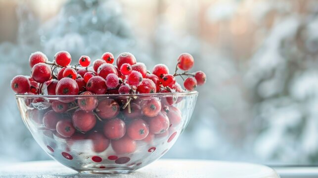 A bowl filled with red berries covered in frost sitting near a snowy window background scene