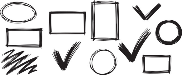 Collection of hand drawn shapes including squares circles and check marks in black