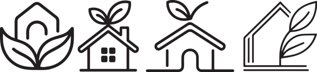 Four house icons with leaves in a row representing eco friendly homes design