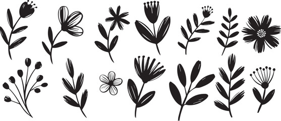 Collection of various hand drawn black and white floral elements on white background