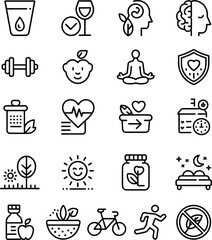 Comprehensive wellness and healthy lifestyle icon collection featuring fitness, nutrition, mental health, self-care, organic living, exercise routines, and balanced daily habits