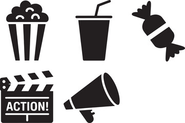 Fototapeta premium Movie Night Icons Including Popcorn Drink Candy Clapperboard Megaphone Keywords: movie, cinema, film