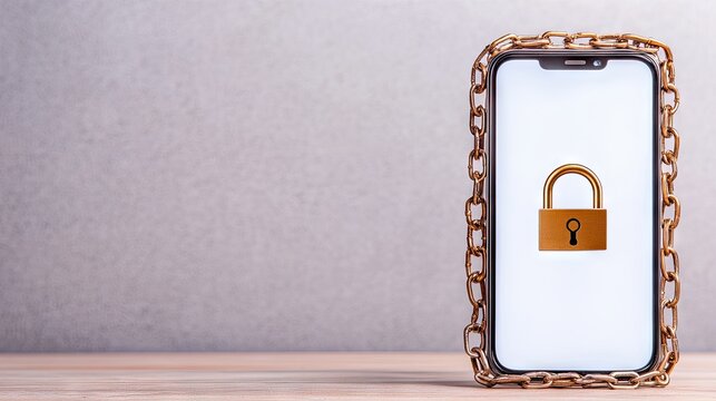 Protecting digital assets with security measures, a smartphone secured with chains and a padlock on a wooden table
