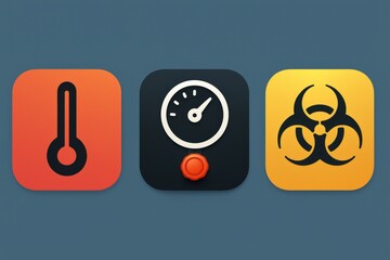 Symmetrical icons representing temperature gauge pressure measurement and hazardous material warning showcasing modern design principles and technology
