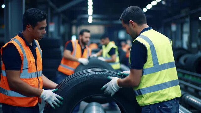 Workers in safety vests inspecting and handling tires on an industrial production line.