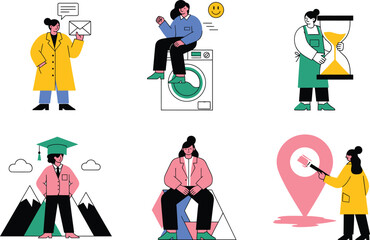 Diverse group of people engaged in various activities illustrating modern life technology and seasonal changes with a clean minimalist aesthetic