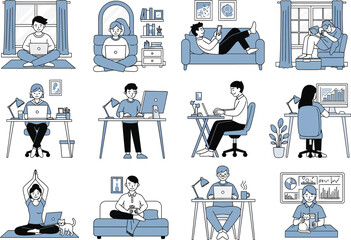 Diverse people working and relaxing at home in various comfortable settings with laptops and books