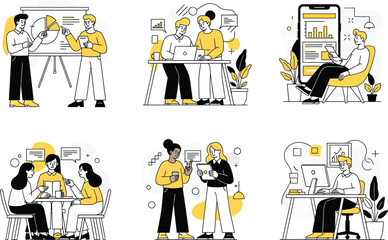 Diverse group of people collaborating and working together in modern office spaces and online environments