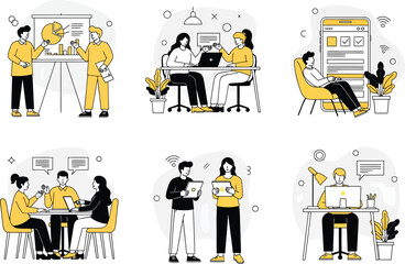 Diverse group of people collaborating and working together in a modern office environment with yellow accents