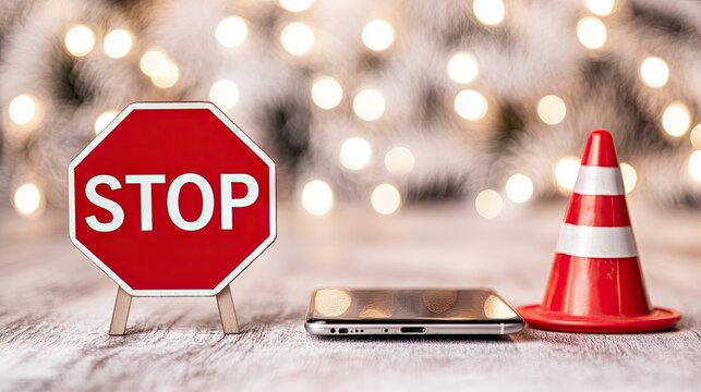 Creative setup showcasing a stop sign, smartphone, and traffic cone on a wooden table with blurred background