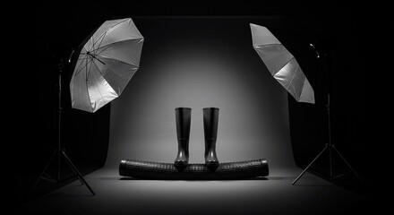 Dramatic studio shot of waterproof boots perfect for showcasing outdoor gear or fashion accessories, with professional lighting and moody monochrome tones