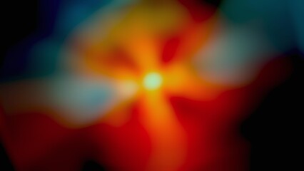 Abstract cosmic burst of light on a black background with intense blur and vibrant colors of red, orange, and teal
