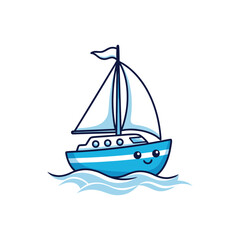 Cute blue cartoon sailboat smiling and floating on gentle waves against a white backgroun