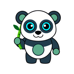 Obraz premium Cute cartoon panda holding a green bamboo stalk on a white backgroun