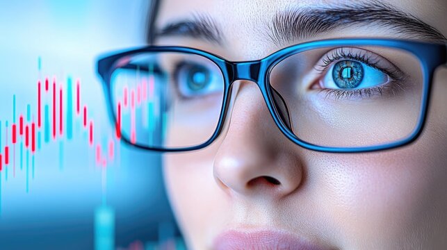 Young man analyzes stock market trends with focus and determination in a vibrant trading environment