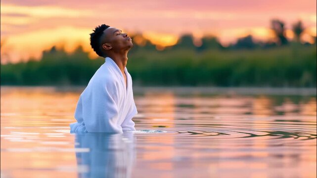 Young man praying during baptism in river at sunset video 4k