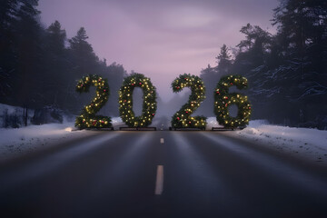 Road Ahead to 2026 with Illuminated Christmas Tree Numbers in Winter Forest