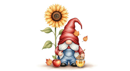 Naklejka premium Illustration of a gnome with sunflower, apple, honey jar, and autumn leaves, representing harvest, nature, and fall season, perfect for seasonal themes