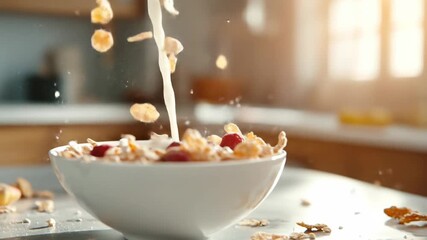 Breakfast cereal pouring milk and berries into white bowl morning light kitchen - Powered by Adobe