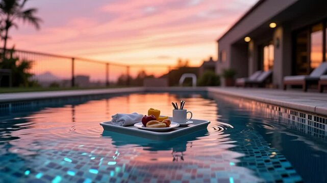 Luxury resort pool at sunset with breakfast tray floating on water, fresh fruit and coffee, relaxing atmosphere by modern villa.