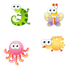 Chameleon, butterfly, octopus and chick cartoon character set for various designs and uses