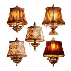 Five antique lamps glowing, with ornate shades