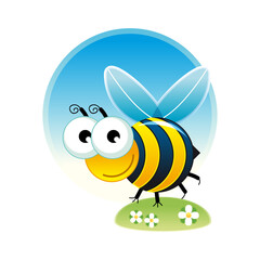 Happy cartoon bee illustration on green grass with flowers and blue sky, a joyful depiction of spring nature