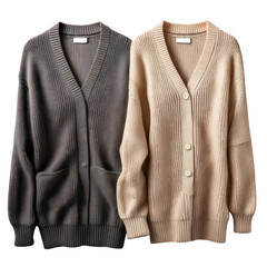 Two cozy knit cardigans, grey and beige, with buttons