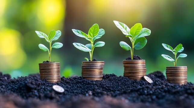 Watch your investments grow like seedlings on stacks of coins, a symbol of financial growth and prosperity in a vibrant, natural setting - Powered by Adobe