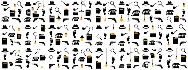 Seamless pattern of vintage detective and film noir icons including hats, magnifying glasses, guns, footprints, and classified files, ideal for mystery designs.