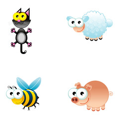 A charming collection of funny cartoon animal characters including a cat, sheep, bee, and a pig design set