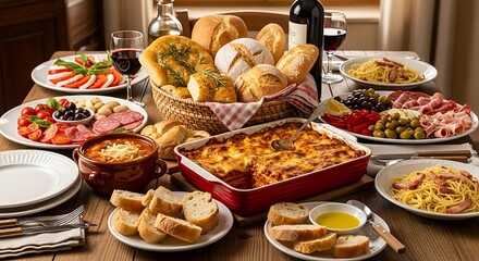 A delicious Italian dinner spread showcasing classic lasagna, rich pasta, fresh Caprese salad, artisan breads, and red wine, ideal for a family meal