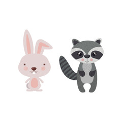Fototapeta premium Whimsical Friends Adorable Bunny and Raccoon Illustration with Expressive Eyes and Cute Tails