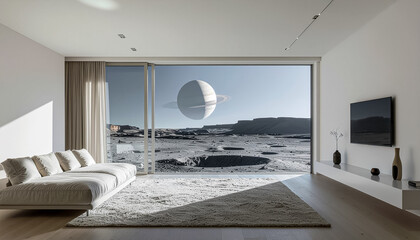 Futuristic Living Room with Alien Planet View