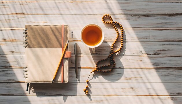 Serene workspace flat lay with open journal and green leaves high resolution photo - Powered by Adobe