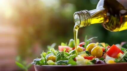 Olive oil stream pouring over fresh garden salad with mixed greens tomato and olive for healthy meal preparation